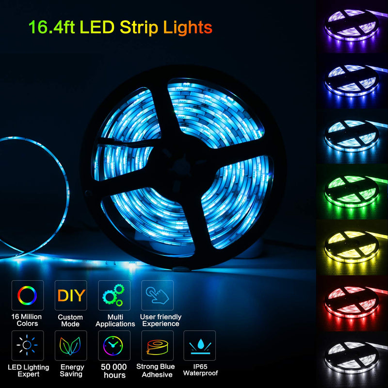 [AUSTRALIA] - LED Strip Lights Waterproof 16.4ft RGB SMD 5050 LED Rope Lighting Color Changing Full Kit with 44 Keys Remote Controller and 12V Power Supply Strip Lights for Home Bed Room Kitchen Indoor Decoration 