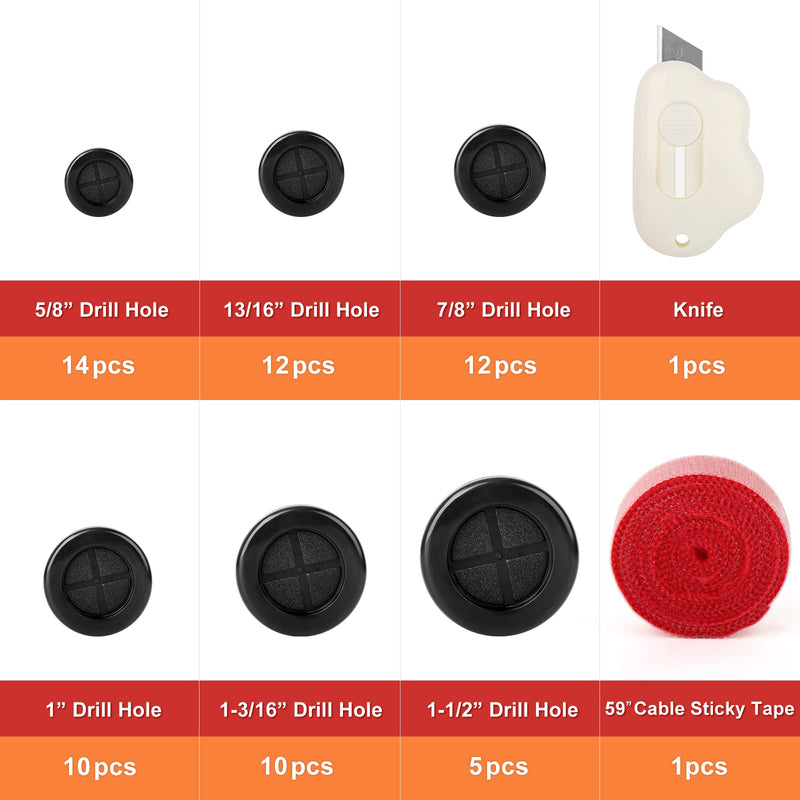 QCQIANG 63Pcs Rubber Grommet Kit, Drill Hole Firewall Hole Plugs Wire Protection, 6 Sizes 5/8" 13/16" 7/8" 1" 1-3/16" 1-1/2"(Round) Black Rubber Grommet Kit