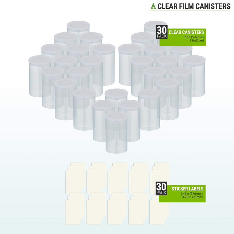 Firgus Film Canisters 30 Pack Clear with Caps for Rockets Plastic Empty Container for 35mm Camera Film Roll or Science Experiments with Bonus Pack of 30 White Labels