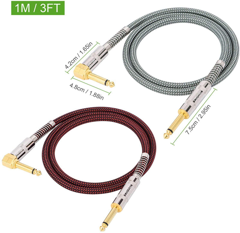 OTraki 3Ft 1M Guitar Cable 2 Pack 6.35mm 1/4" Straight to Right Angle Guitar Instrument Cables TS Braided Noiseless Audio Instrument Lead for ELectric Guitar,Bass,Keyboard