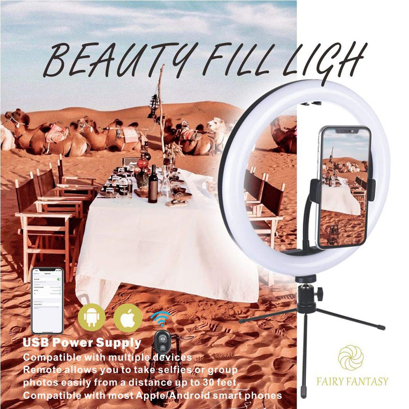 FAIRYFANTASY 10" LED Ring Ligh with Tripod Stand & Phone Holders, Dimmable Beauty Selfie Fill Light for Makeup/Photography/YouTube Videos/Vlog/TIK Tok/Live, Compatible with iPhone & Android… Black