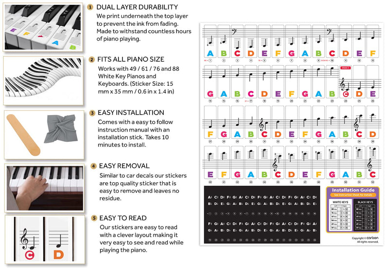 Piano Stickers for Keys – Removable w/Double Layer Coating for 49/61 / 76/88 Keyboards Piano Stickers (V10)