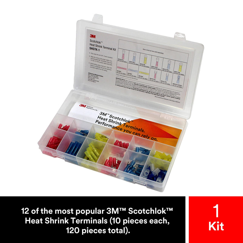 3M Scotchlok Heat Shrink Terminal Kit, SHSTK-1, selection of 12 terminals, refillable kit is compact, portable and durable, 1 Kit of 120 pieces