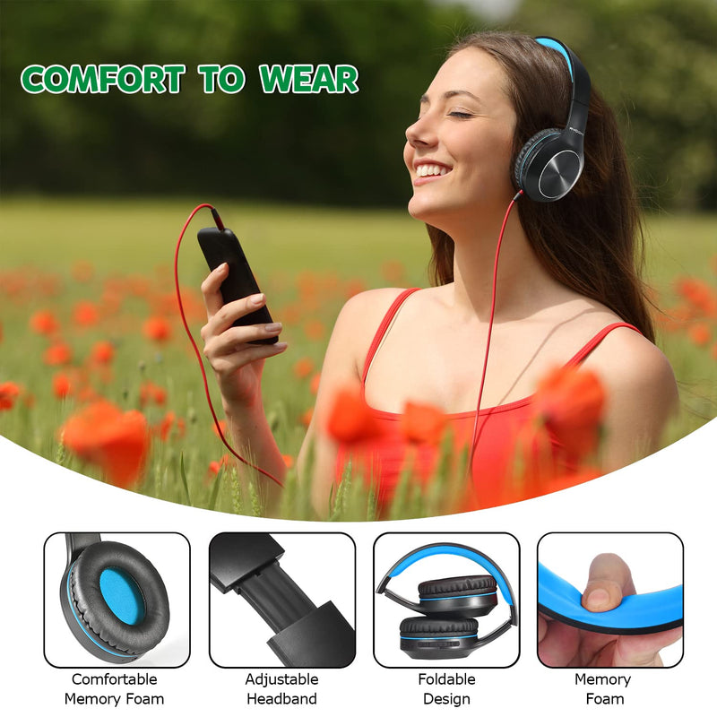 Rydohi Bluetooth Headphones Over Ear, 68H Playtime and 3 EQ Music Modes Wireless Headphones with Microphone/Deep Bass, HiFi Stereo Foldable Lightweight Headset for PC Home Travel Office(Black Blue) Black Blue