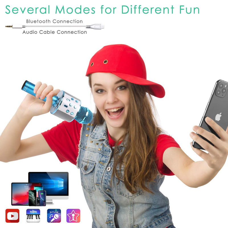 [AUSTRALIA] - KIDWILL Wireless Bluetooth Karaoke Microphone for Kids, 5-in-1 Portable Handheld Karaoke Mic Speaker Player Recorder with Adjustable Remix FM Radio for Kids Girls Boys Teens Birthday (858-Blue) Blue 