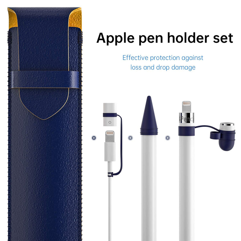 SANKMI for Apple Pencil Accessories，PU Leather Protective Pouch Silicone Pencil Sleeve with Cap Holder and Nib Cover Cable Adapter Tether Compatible with Apple Pencil 1st/2nd Gen (Blue)