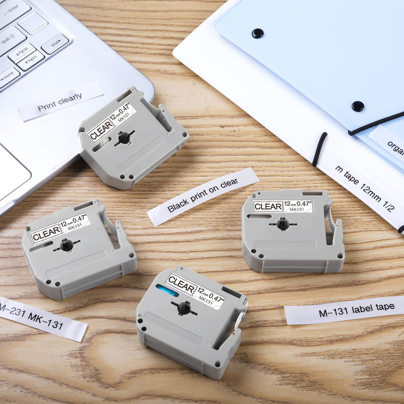 Labelife Compatible M-K131 Clear Tape Replace for Brother P Touch M Tape Clear 12mm 0.47'' M-K131s M131 MK131 Work with Brother Ptouch PT-M95 PT-65 PT-90 PT70BM PT-45 Label Maker Refills,4-Pack Black on Clear