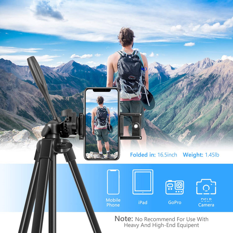 Phone Tripod, 55'' Camera Tripod 2 in 1 Lightweight Travel Tripod Stand for iPhone ipad Universal Smartphone Tablet Camera GoPro with Carrying Bag & Bluetooth Remote