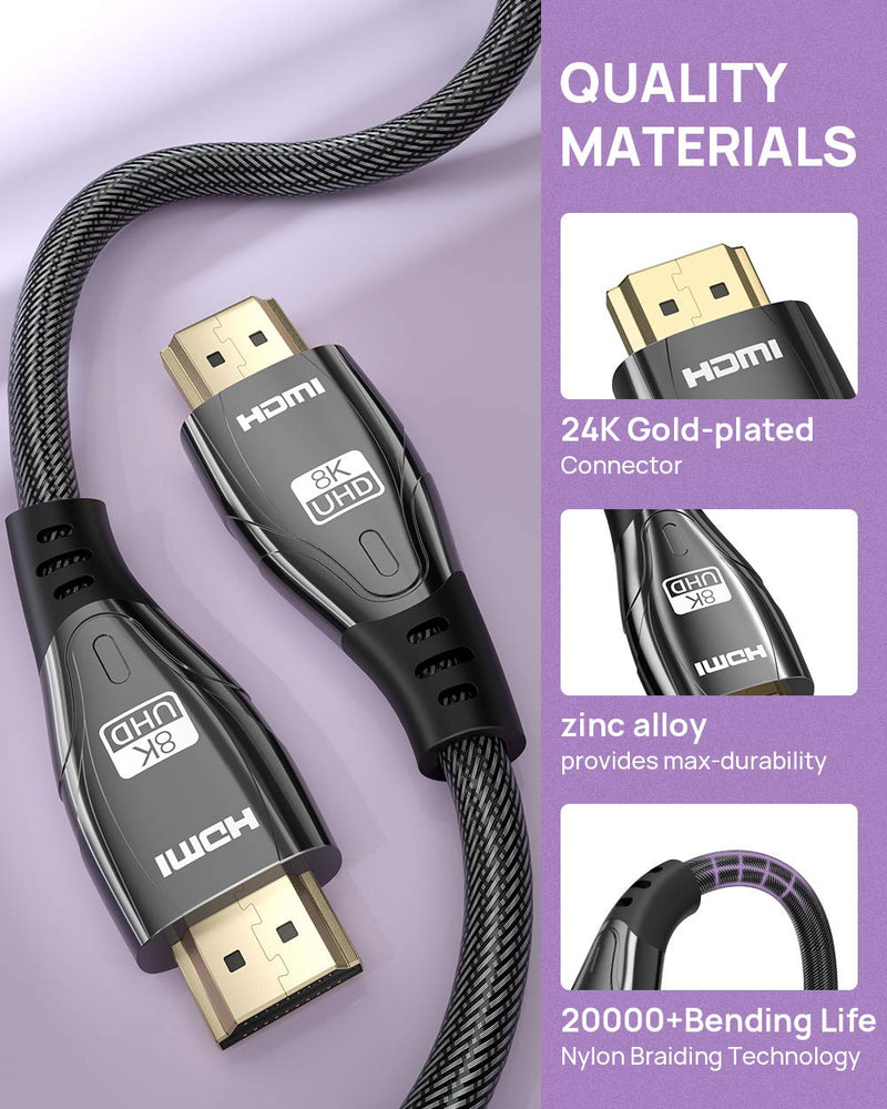 8K HDMI 2.1 Cable 12Ft,Ultra High Speed 48Gbps 8K@60Hz,4K@120Hz@144Hz DSC,HD UHD 7680×4320,eARC HDR10+,HDCP 2.2&2.3,Compatible with PS5/PS4/PS3 (Black)
