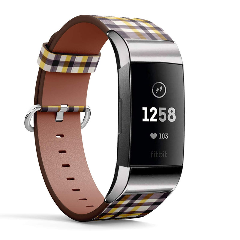 Compatible with Fitbit Charge 3 / Charge 3 SE - Leather Band Bracelet Strap Wristband Replacement with Adapters - Plaid Check Modern