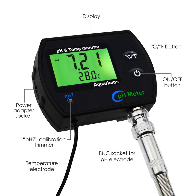 [AUSTRALIA] - PH & Temperature 2-in-1 Continuous Monitor Meter w/Backlight Replaceable Electrode, Dual Display 0.00~14.00pH °C/ °F Water Quality Monitoring Kit, for Aquariums Hydroponics Pools Tanks Spa 