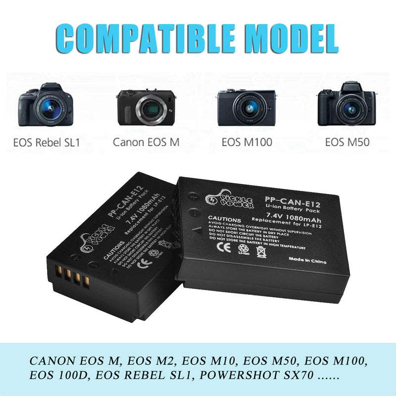 Pickle Power LP-E12 LPE12 LP E12 Battery(2-Pack) and LCD USB Dual Charger Compatible with Canon Rebel SL1 100D, EOS M, EOS M2, EOS M10 EOS M50 SX70 HS Mirrorless Digital Camera 2 battery+LCD dual charger