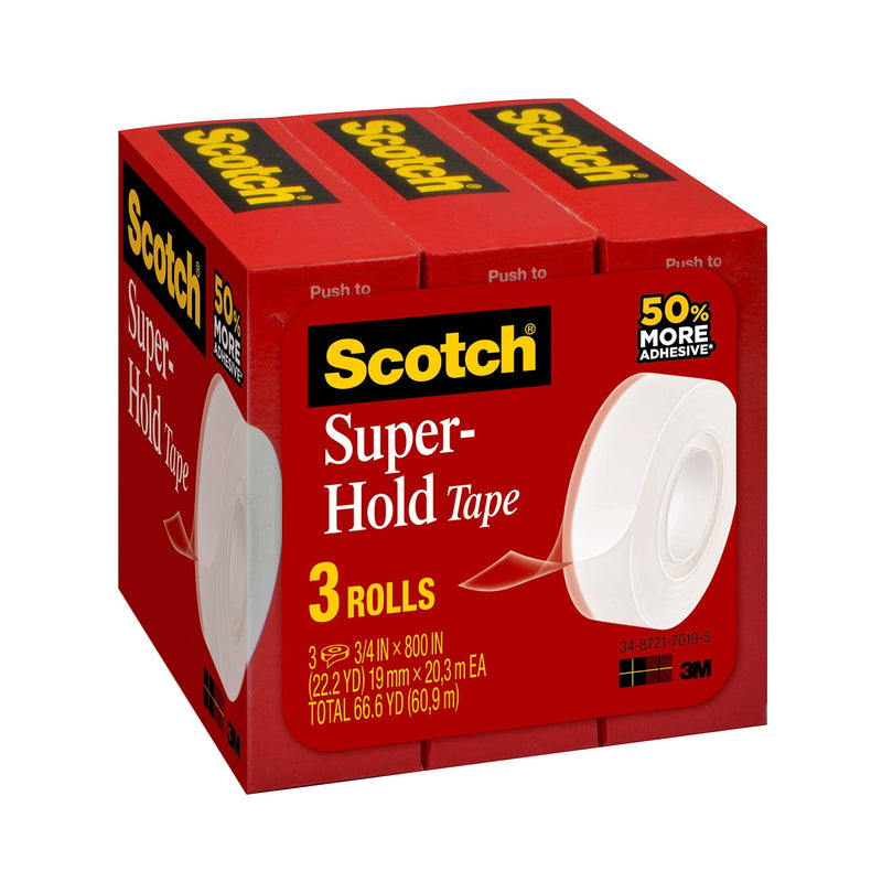 Scotch Super-Hold Tape, 3/4 in x 800 in, 3 Rolls, 1 in Core (700S3) , White