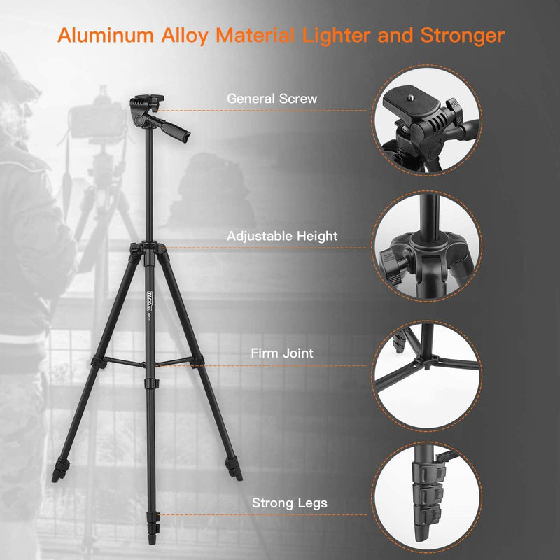 Lightweight Tripod 55-Inch, Aluminum Travel/Camera/Phone Tripod with Carry Bag, Maximum Load Capacity 6.6 LB, 1/4" Mounting Screw for Phone, Camera, Traveling, Laser Measure, Laser Level