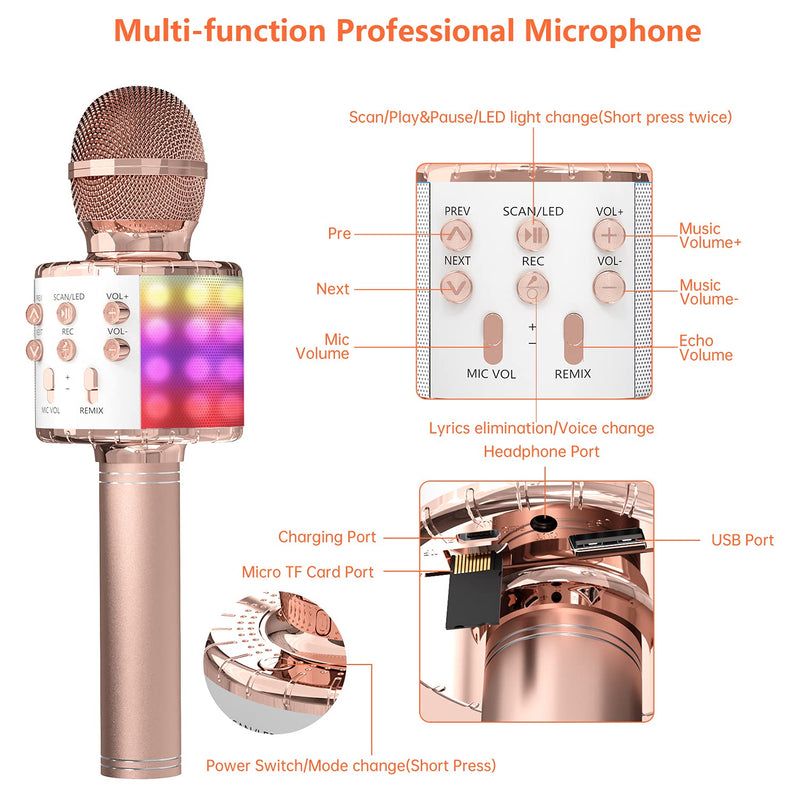 OVELLIC Karaoke Microphone for Kids, Wireless Bluetooth Karaoke Microphone with LED Lights, Portable Handheld Mic Speaker Machine, Great Gifts Toys for Girls Boys Adults All Age (Rose Gold) Rose Gold