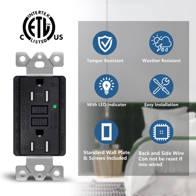 NineLeaf 2 Pack 15Amp GFCI Outlet Receptacles, Tamper-Resistant (TR) Weather-Resistant (WR) with LED Indicator,Decorative Wall Plates and Screws Included, ETL Certified, Black 15A