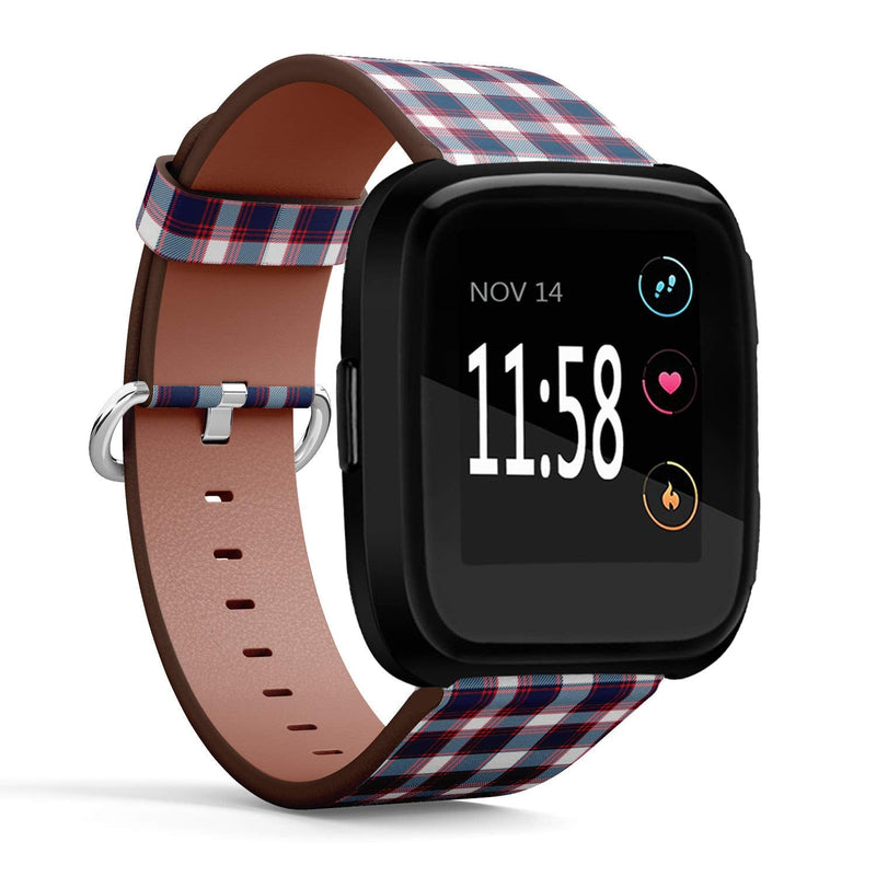 Compatible with Fitbit Versa/Versa 2 / Versa LITE - Leather Watch Wrist Band Strap Bracelet with Quick-Release Pins (Blue Red White Plaid)