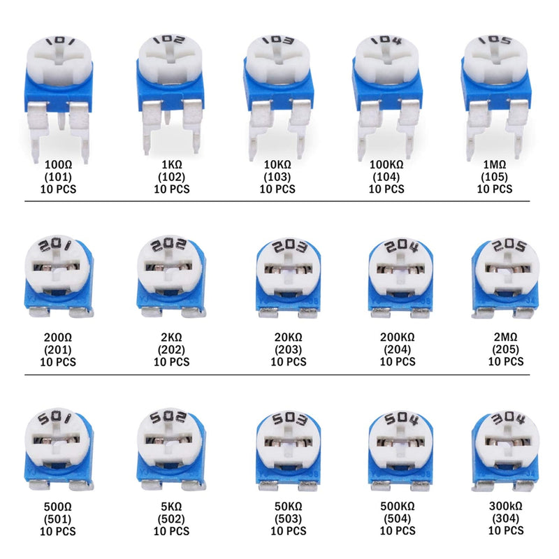 TWTADE 150Pcs 6mm Variable Resistor Potentiometer Assortment Kit 15 Values 100 ohm-2M ohm in Plastic Box DWJ-150P