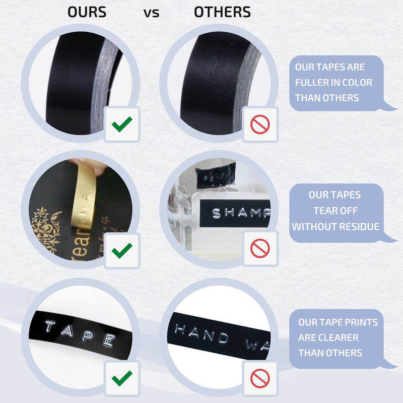 Airmall Compatible 3D Embossing Label Tape Replacement for Dymo Embossing Label Tape 9mm x 3m, Durable Plastic Embossing Label for Dymo Xpress 12965 Motex Omega S, White Print on Black, 10-Pack Dark Black