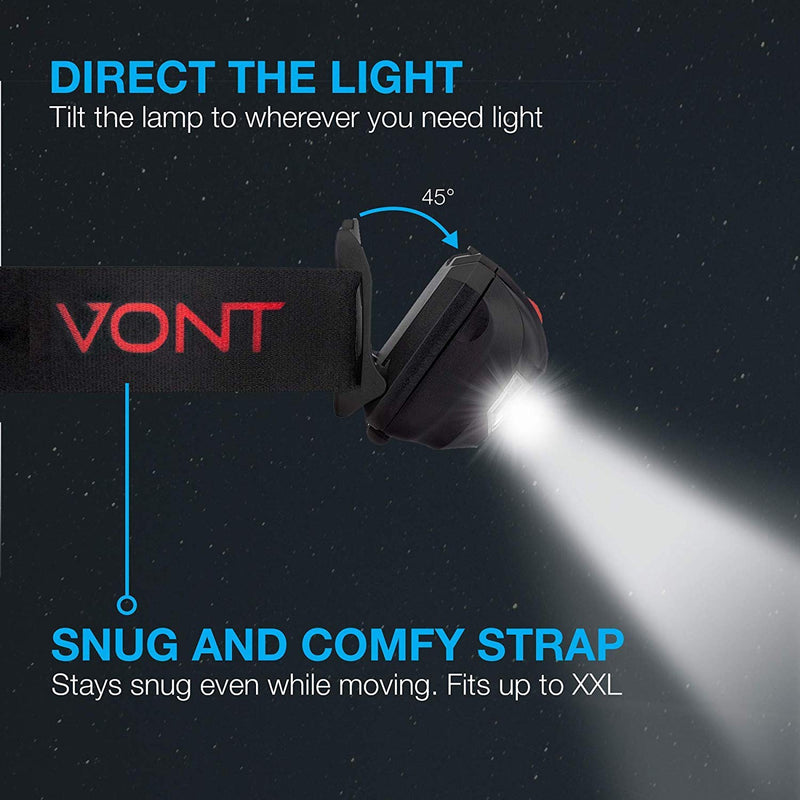 Vont LED Headlamp, Super Bright LEDs, Compact Build, 5 Modes, Headlight with White-Red LEDs, Comfy Adjustable Strap, IPX4 Waterproof, Use Head Lamp for: Running, Camping, Hiking Black & Red