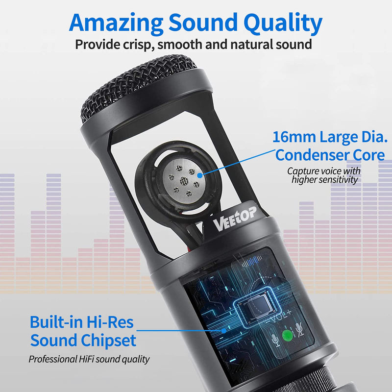 USB Microphone Veetop Metal Computer Condenser PC Mic for Gaming Podcasting Streaming Recording Voiceover YouTube Skype Twitch Zoom Cardioid with Tripod Compatible with Desktop Laptop Windows MacOS