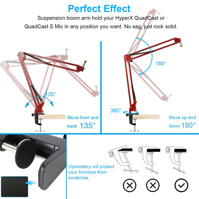 YOUSHARES Red Microphone Boom Arm Stand - Scissor Adjustable QuadCast Mic Stand Compatible with HyperX QuadCast S Mic
