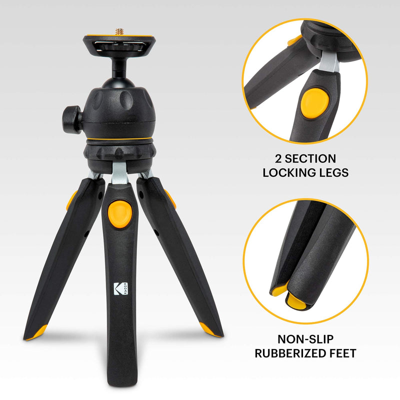 KODAK PhotoGear Mini Adjustable Tripod with Remote, 360° Ball Head, Compact 9” Tabletop Tripod,11” Selfie Stick, 5-Position Legs, Rubber Feet, Smartphone & Action Camera Adapters, E-Guide Included