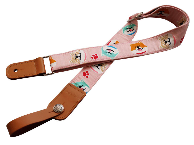 MUSIC FIRST Original Design “Pink Shiba Inu Dog” Soft Cotton & Genuine Leather Ukulele Strap Ukulele Shoulder Strap With a MUSIC FIRST Genuine Leather Strap Locker
