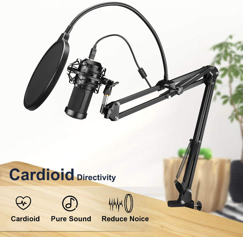 Aokeo AK-60 Professional USB Streaming Podcast PC Microphone with AK-35 Suspension Scissor Arm Stand, Shock Mount, Pop Filter, Foam Cover, for Youtuber, Karaoke, Gaming, Recording Black
