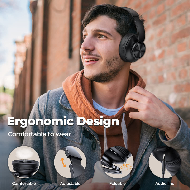 V8 Bluetooth Headphones, 80 Hours Playtime Wireless Headphones with Deep Bass,Lightweight Foldable Headphones Built-in Mic,HiFi Stereo Sound for Travel Work Laptop PC Cellphone 2EQ Black