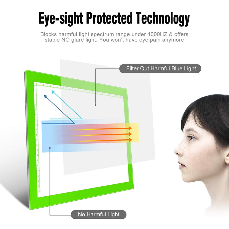 Green A4 Dimmable LED Artcraft Light Box Tracer Slim Light Pad Portable Tablet, USB Power Cable Copy Drawing Board Tracing Table for Artists Designing, Animation, Sketching, Stenciling X-ray Viewing Green