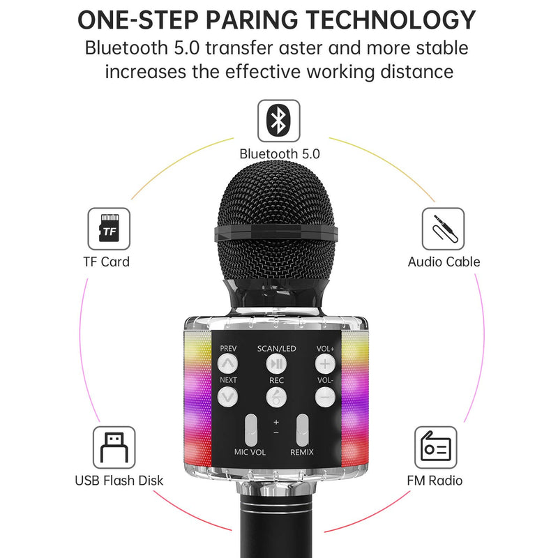 OVELLIC Karaoke Microphone for Kids, Wireless Bluetooth Karaoke Microphone with LED Lights, Portable Handheld Mic Speaker Machine, Great Gifts Toys for Girls Boys Adults All Age (Black) Black