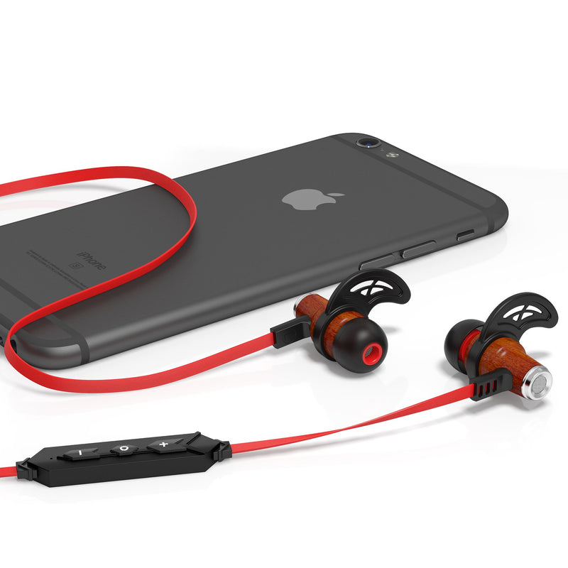 Symphonized NRG Bluetooth Wireless Wood in-Ear Noise-isolating Headphones, Earbuds, Earphones with Mic & Volume Control (Red) Red