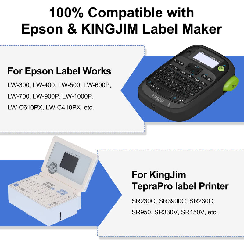 Replace for Epson LW-PX400 LW-300 Label Tape, LC-4WBN, LK-4WBN, SS12KW Tape Refill, Black on White 1/2" x 26', for Use with Epson LabelWorks LW-300 LW-400 LW-600P LW-700 LW-PX300 Label Makers, 4-Pack 12 mm