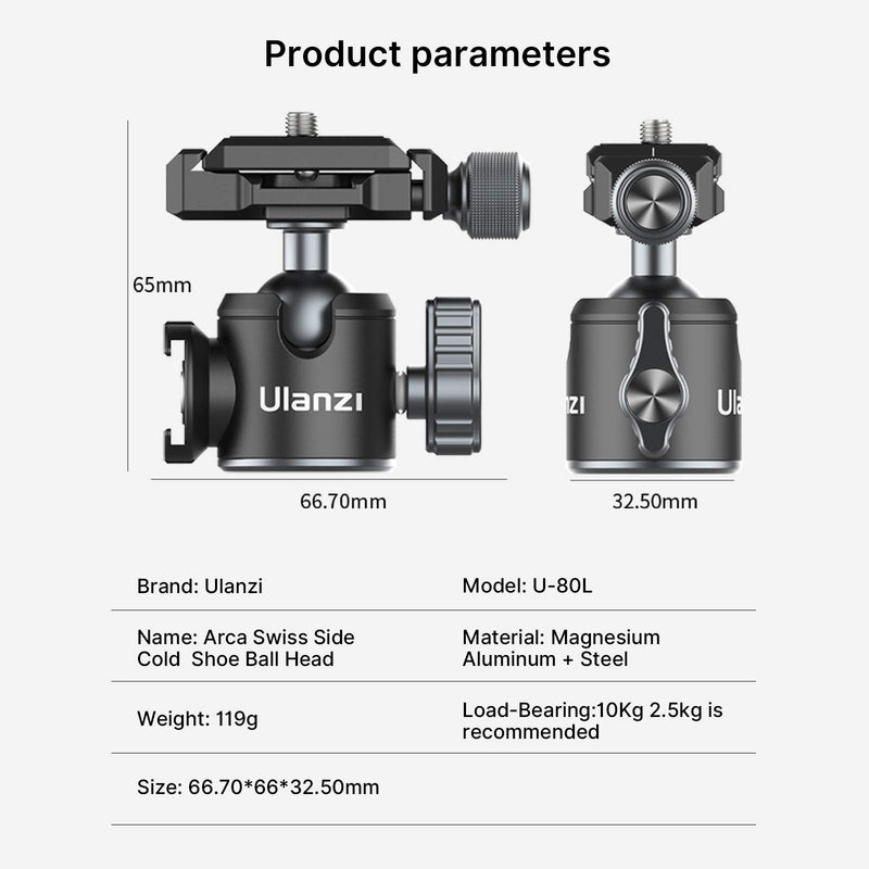 Tripod Ball Head ULANZI U-80L Camera Quick Release Metal Ball Head Camera Mount Arca Swiss 360° Rotating with Quick Release Plate & Cold Shoe, 22lbs/10kg Load for 1/4" Tripod,Monopod,DSLR,Camera