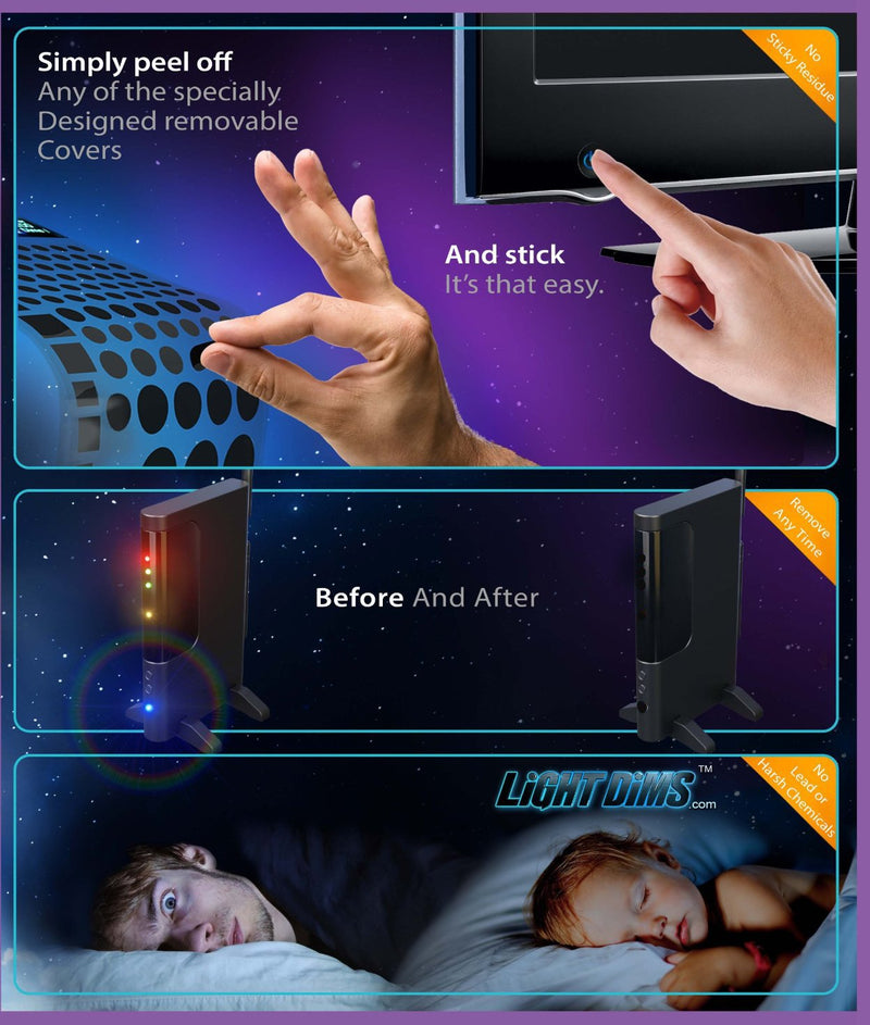 LightDims Black Out Edition - Light Blocking LED Covers Routers, Electronics and Appliances and More. Blocks 100% of Light, in Retail Packaging.