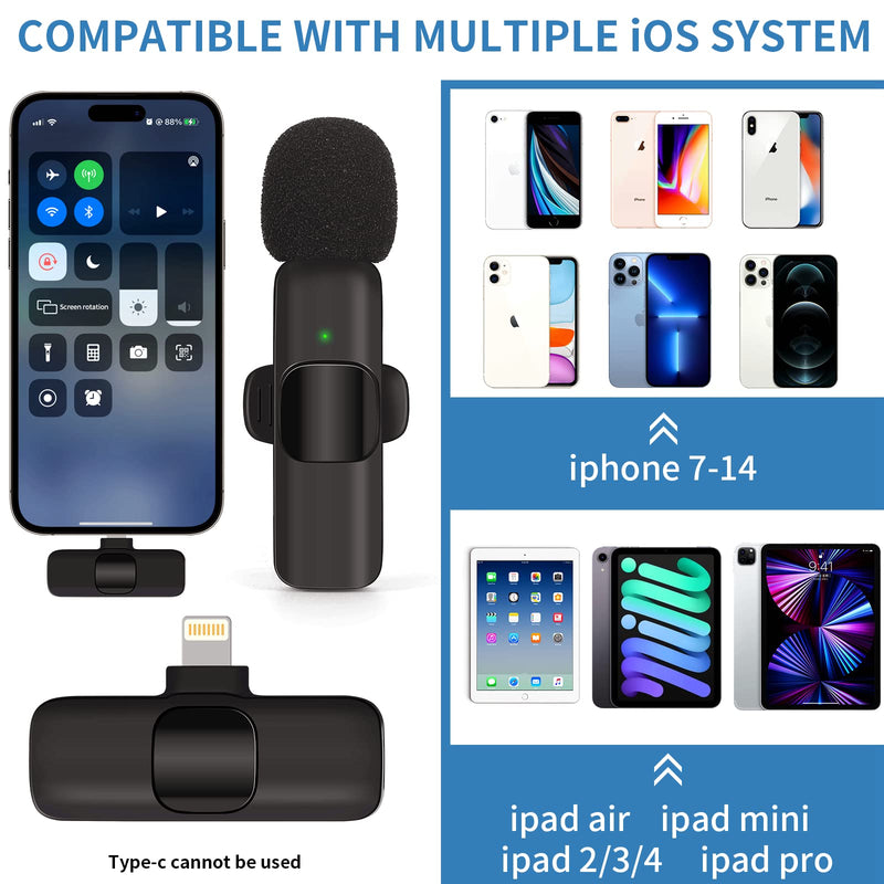 Wireless Microphone for iPhone iPad iPod, Professional Wireless Clip-on Mic, Portable Wireless Lavalier Microphone, Plug-Play Microphone for Video Recording, TikTok, Facebook, YouTube,Live Stream