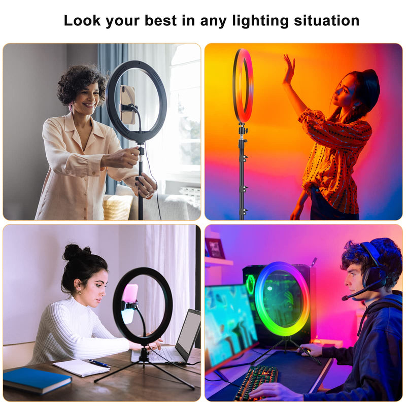WisaKey 13" RGB Ring Light with 63" Stand and 2 Phone Holders, Tablet iPad Holder, Sunset Lamp, 51 Color Modes Selfie Ringlight with Desk Tripod, Halo Ring Light for TikTok/Live Stream/Makeup/YouTube 13 inch ring light with sunset lamp