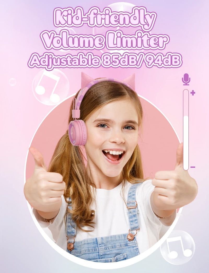 SIMJAR Cat Ear Kids Headphones with Microphone for School, Volume Limiter 85/94dB, Wired Girls Headphones with Foldable Design for Online Learning/Travel/Tablet/iPad (Pink) Pink