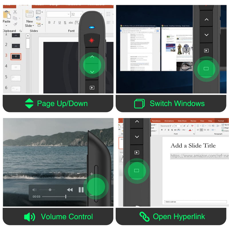 Presentation Clicker Green Laser Pointer, Rechargeable PowerPoint Clicker Wireless Presenter Remote, RF 2.4GHz USB Presentation Pointer Slide Advancer with Hyperlink Volume Control for Mac Computer Q91 Green Light