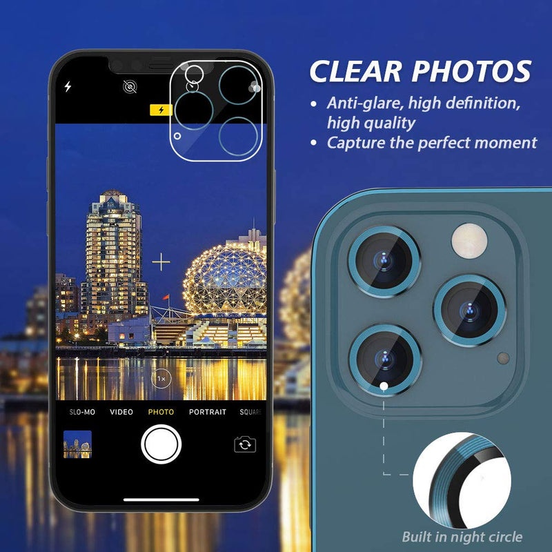 CloudValley Camera Lens Protector for iphone 12 Pro Max, Tempered Glass Film, Aluminum Alloy Screen Cover, 3 Pack Pacific Blue, with Cleaning Kit
