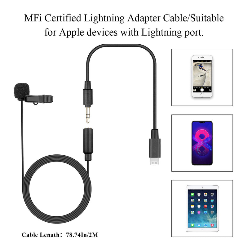 Saramonic 2M Length Clip-on Lavalier Microphone with Detachable Audio Connector Compatible for iOS iPhone, iPad, iPod Touch