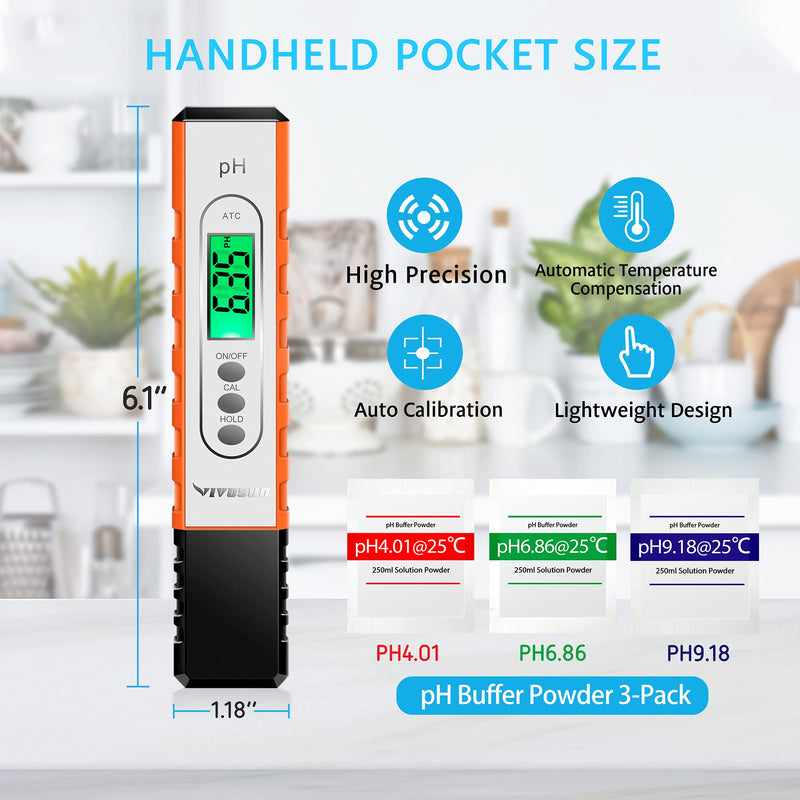 VIVOSUN PH Meter Digital PH Tester Pen 0.01 High Accuracy Water Quality Tester with 0-14 PH Measurement Range for Hydroponics, Household Drinking, Pool and Aquarium, with ATC, Orange