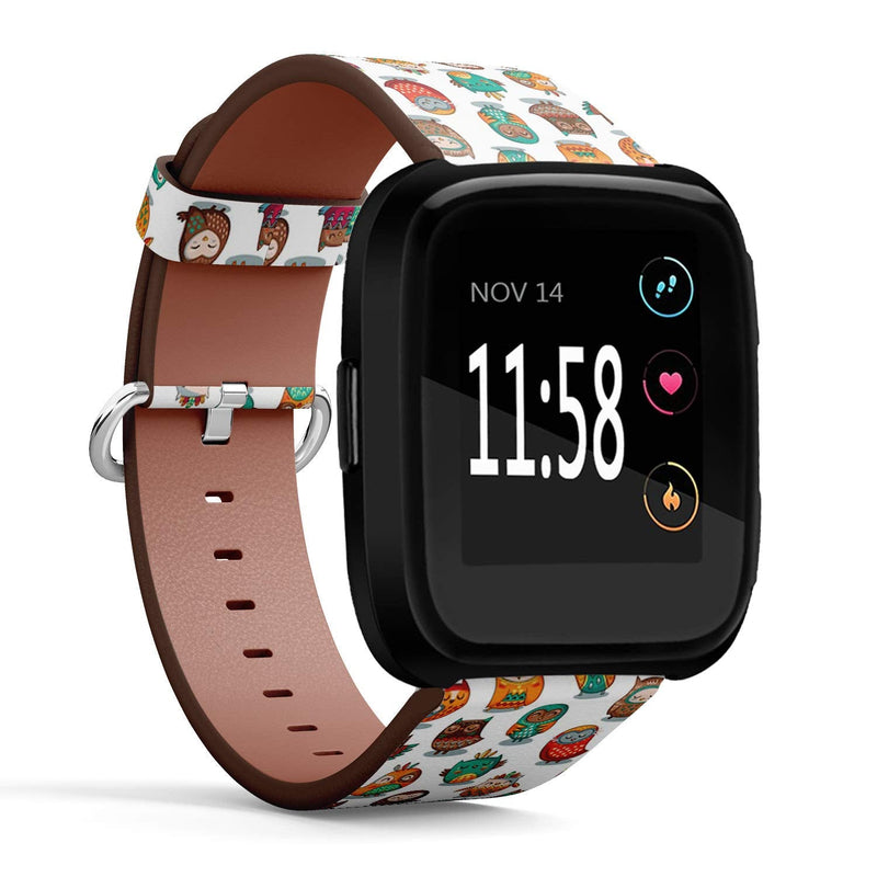 Compatible with Fitbit Versa/Versa 2 / Versa LITE - Leather Watch Wrist Band Strap Bracelet with Quick-Release Pins (Tribal Owls)