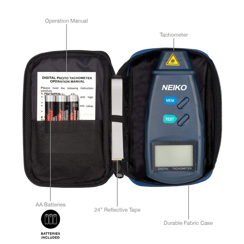 Neiko 20713A Digital Tachometer, Non Contact Laser Photo | 2.5 - 99,999 RPM Accuracy | Batteries Included