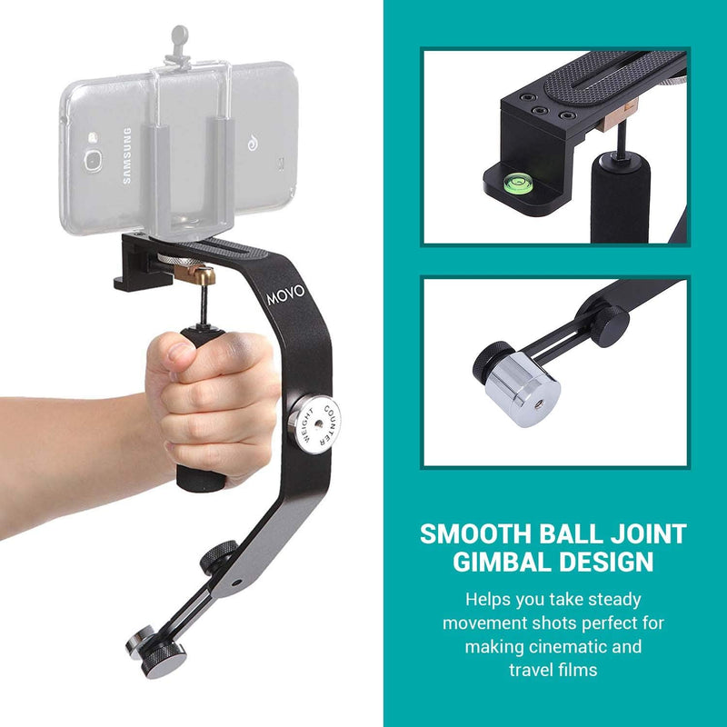 Movo Handheld Video Stabilizer System Compatible with GoPro Hero, HERO2, HERO3, HERO4, HERO5, HERO6, HERO7 & Apple iPhone 5, 5S, 6, 6S, 7, 8, X, XS, XS Max, Samsung Galaxy + Note Smartphones
