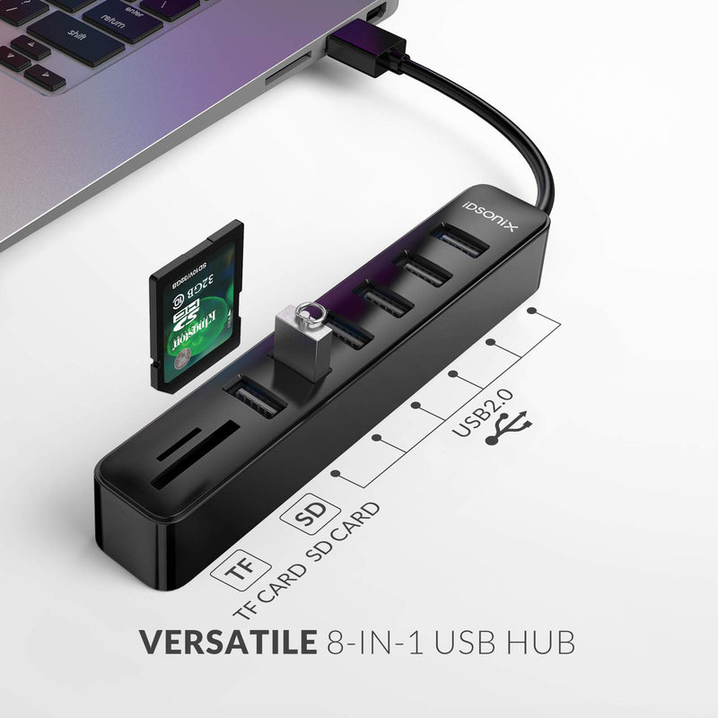 iDsonix USB Hub, 8 in 1 USB Data Hub with 6 USB Ports and 2 SD&TF Card Reader Combo for Laptops, Tablets, PC, iMac, MacBook, Windows, Linux, SD, SDXC, TF Cards, and More -15cm Black 15cm Black 8-PORT-U2
