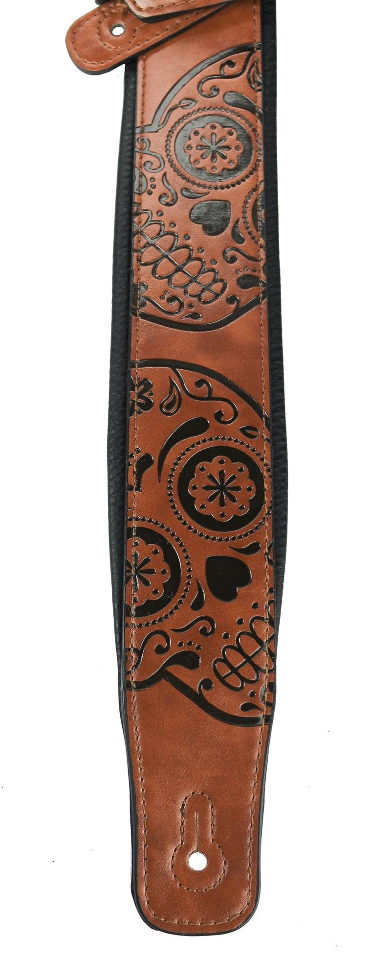 Walker & Williams GM-1277 Chestnut Brown Padded Guitar Strap with Embossed Skulls