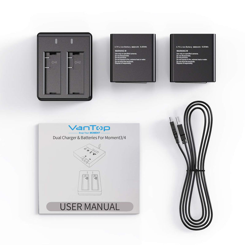 VanTop 2 x 900mAh Rechargeable Action Camera Battery with USB Dual Charger for VanTop Moment 3/Moment 4
