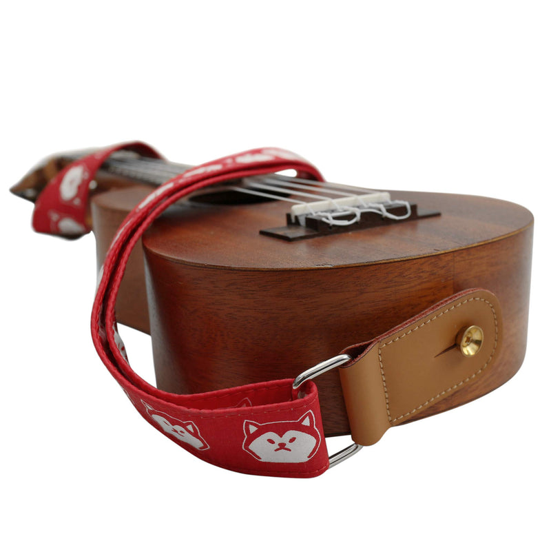 MUSIC FIRST Original Design Cute Cartoon “Red Serious Shiba Inu Dog” Soft Cotton & Genuine Leather Ukulele Strap Ukulele Shoulder Strap With a MUSIC FIRST Genuine Leather Strap Locker